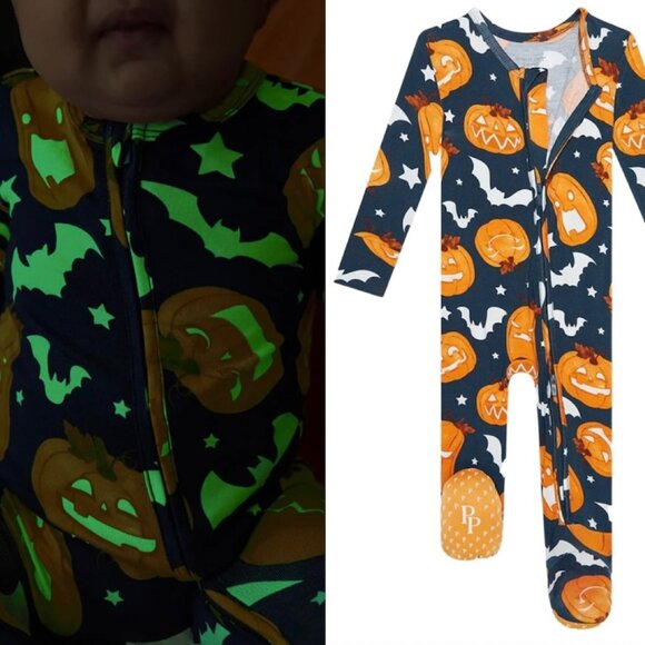 Posh Peanut Bamboo Spooky Pumpkin Blue Glow in the Dark Footie 6-9 months NWT - Picture 1 of 9